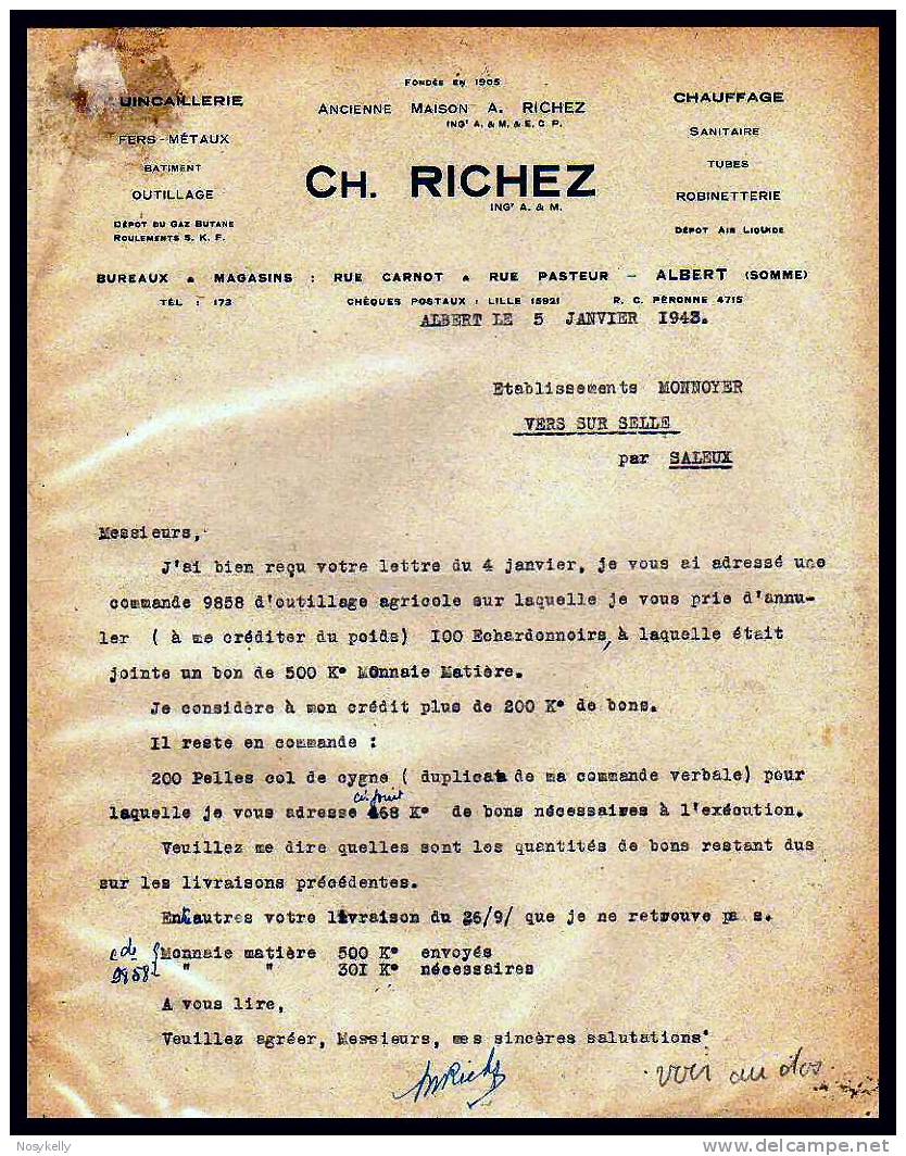 Lettre D´affaires - Quincaillerie Ch. RICHEZ  à ALBERT  -  80 SOMME - Non Classificati