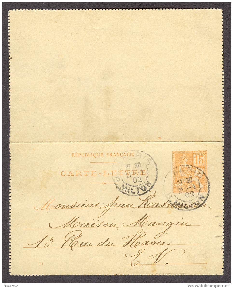 France Postal Stationery Ganzsache Entier Carte Lettre Deluxe Cancel Paris Rue Milton 1902 - Tarjetas Cartas