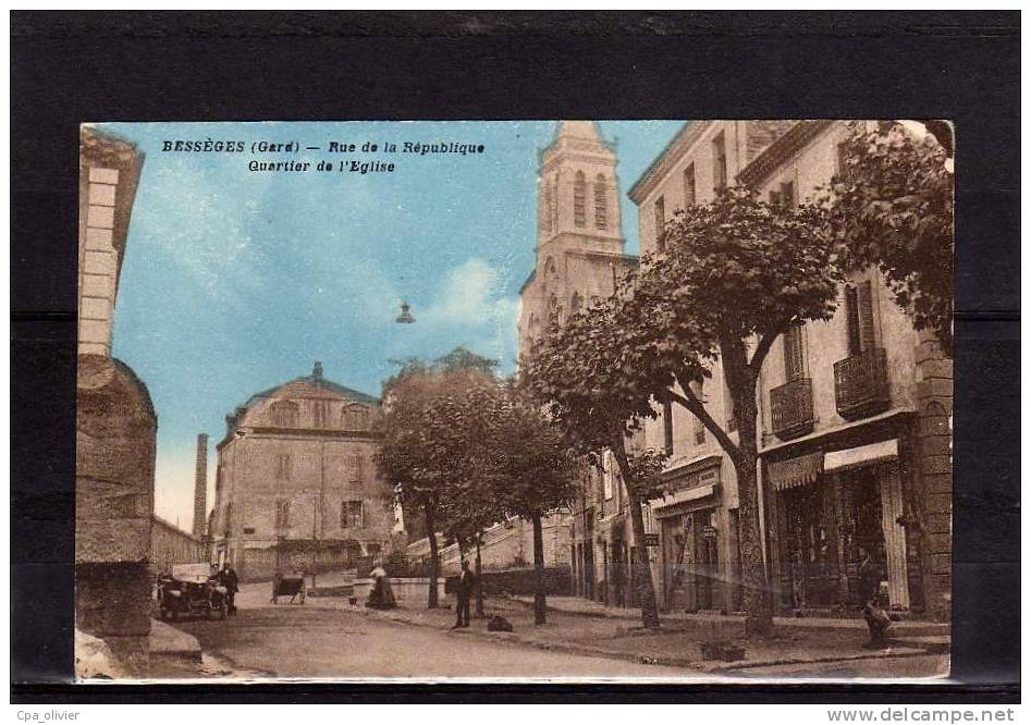 30 BESSEGES Rue De La République, Quartier De L'Eglise, Animée, Commerces, Colorisée, Ed Brunel, 1928 - Bessèges