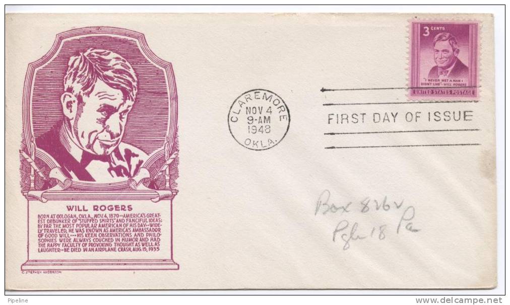 USA FDC Will Rogers Claremore OKLA. 4-11-1948 - 1941-1950