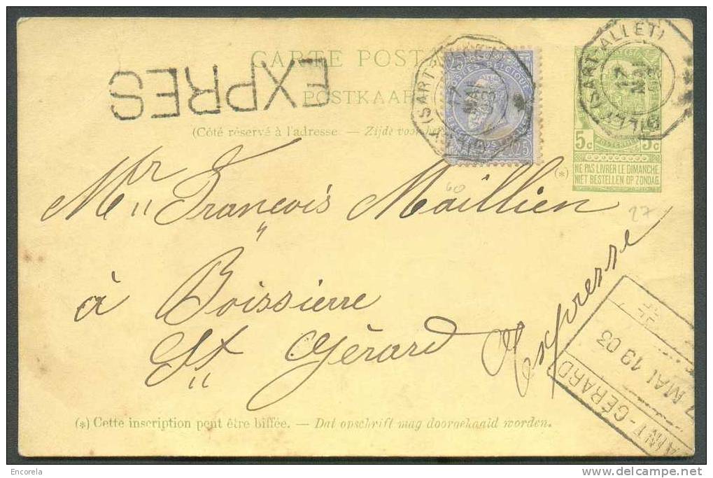 N°60 - 25 Centimes Bleu En Affr. Compl. S/E.P. Carte 5 C. Obl. Télégr. GILLY (SART-ALLET) Expédiée En Exprès Le 17 Mai 1 - Briefkaarten 1871-1909