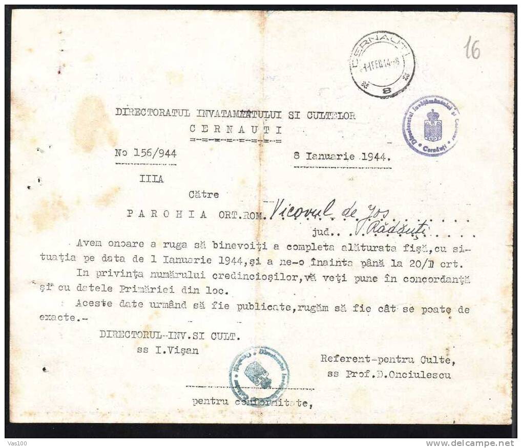 Bucovina 1944 Official Document CERNAUTI. - 2de Wereldoorlog (Brieven)