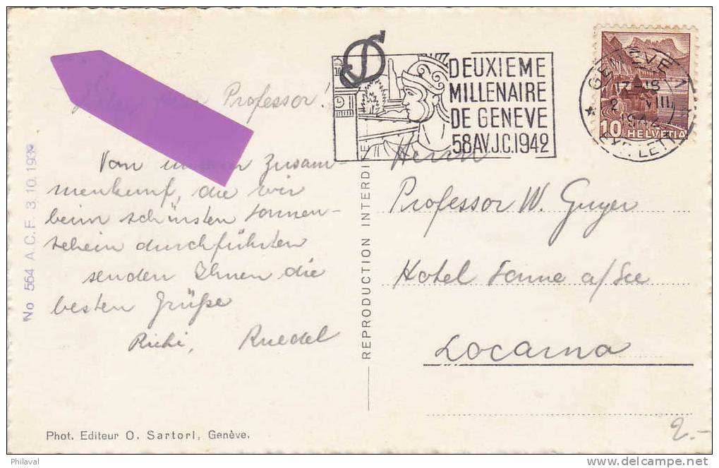 GENEVE - Oblitérée Le 2.VIII.1942 - Avec Flamme Du 2ème Millénaire - Genève