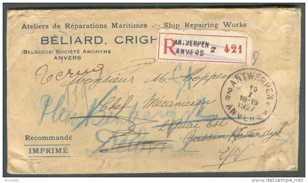 N°194-215 Sc ANTWERPEN 1 S/manchon Imprimé En Recommandé Du 19-1-1927 Vers Deurne Et Réexpédiée Vers Anvers / Manuscrit - 1921-1925 Small Montenez