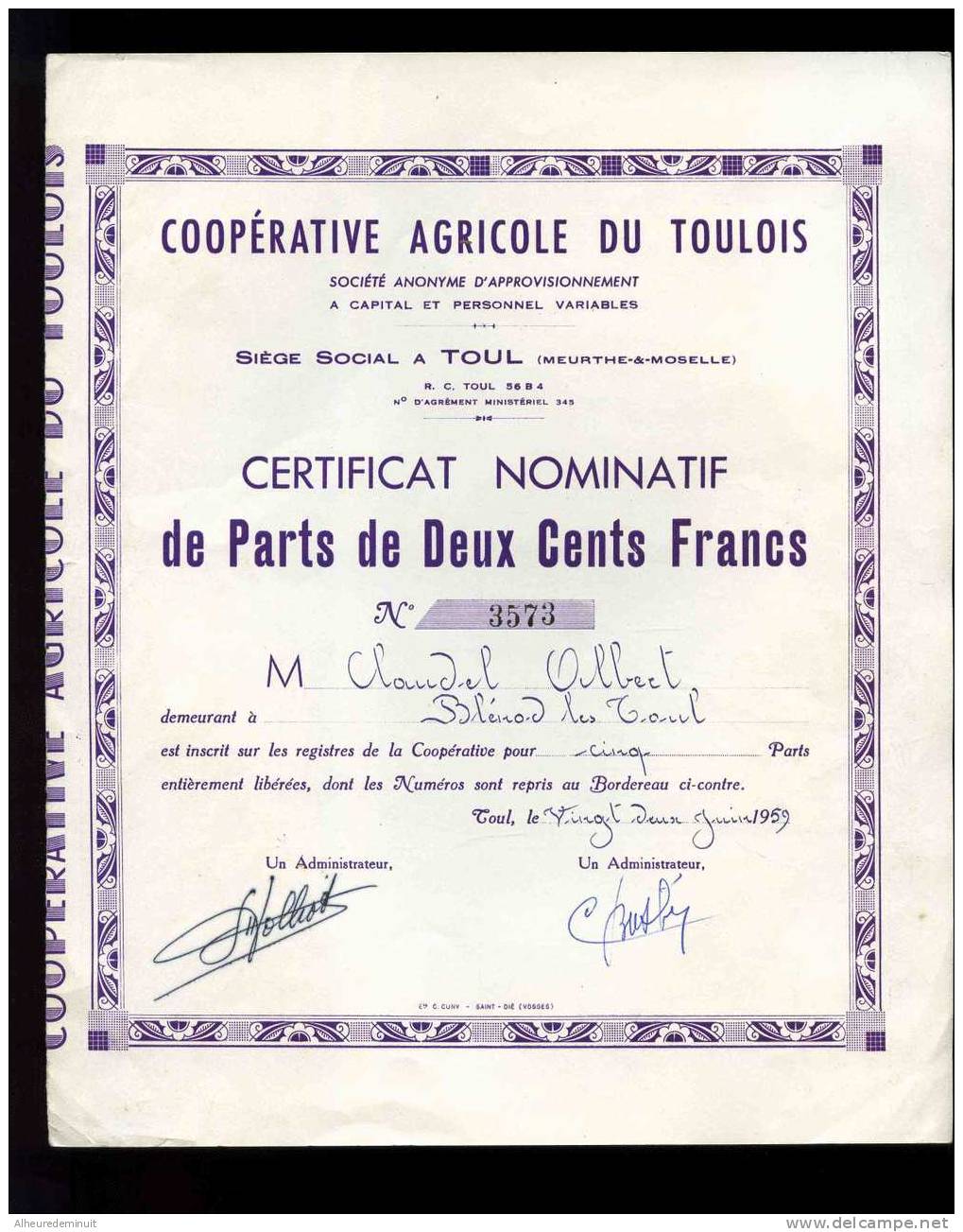 COOPERATIVE AGRICOLE DU TOULOIS"CERTIFICAT NOMITATIF DE PARTS DE 200 CENTS FRANCS"1959"5 Parts"anciens Francs - Agricoltura