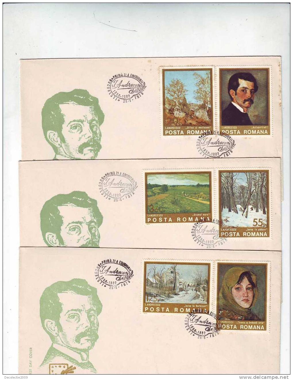 M518 FDC Romania Arts Ion Andreescu Paintings 3 Covers SET With Postmark Cancel 1975 !! - Impresionismo