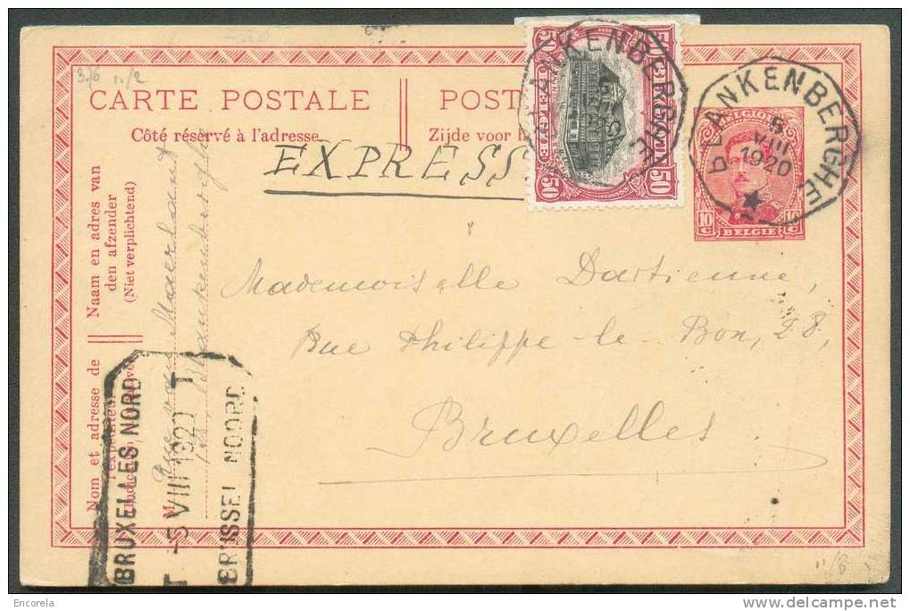 N°144- En Affr. Complémentaire S/E.P. Carte 10 C. (emission 1915) Obl. Télégraphique BLANKENBERGHE * En Exprès Le 5-VIII - Postkarten 1909-1934