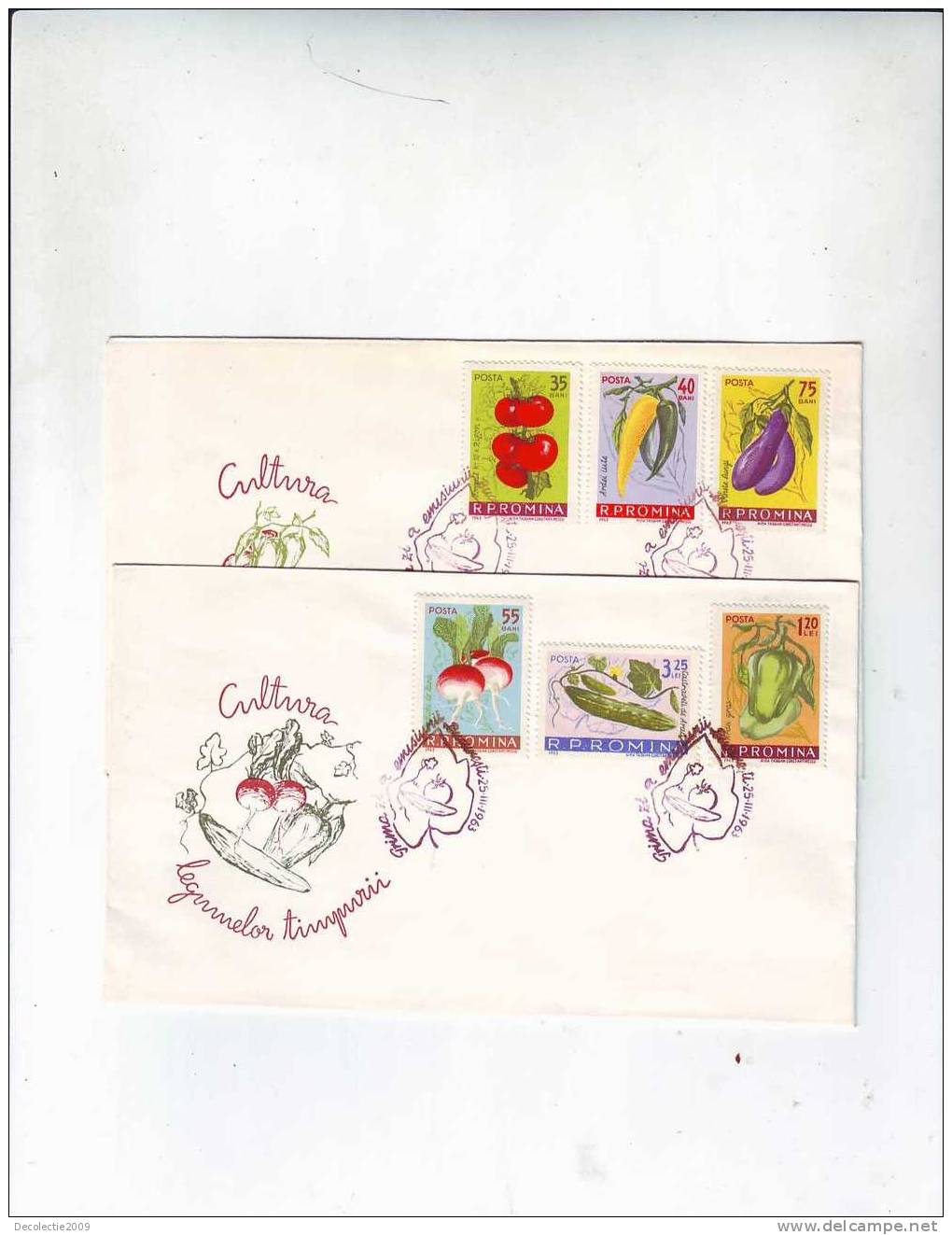 M527 FDC Romania Vegetaux Legumes Vegetable 2 Covers SET With Postmark Cancel 1963 !! - Vegetables
