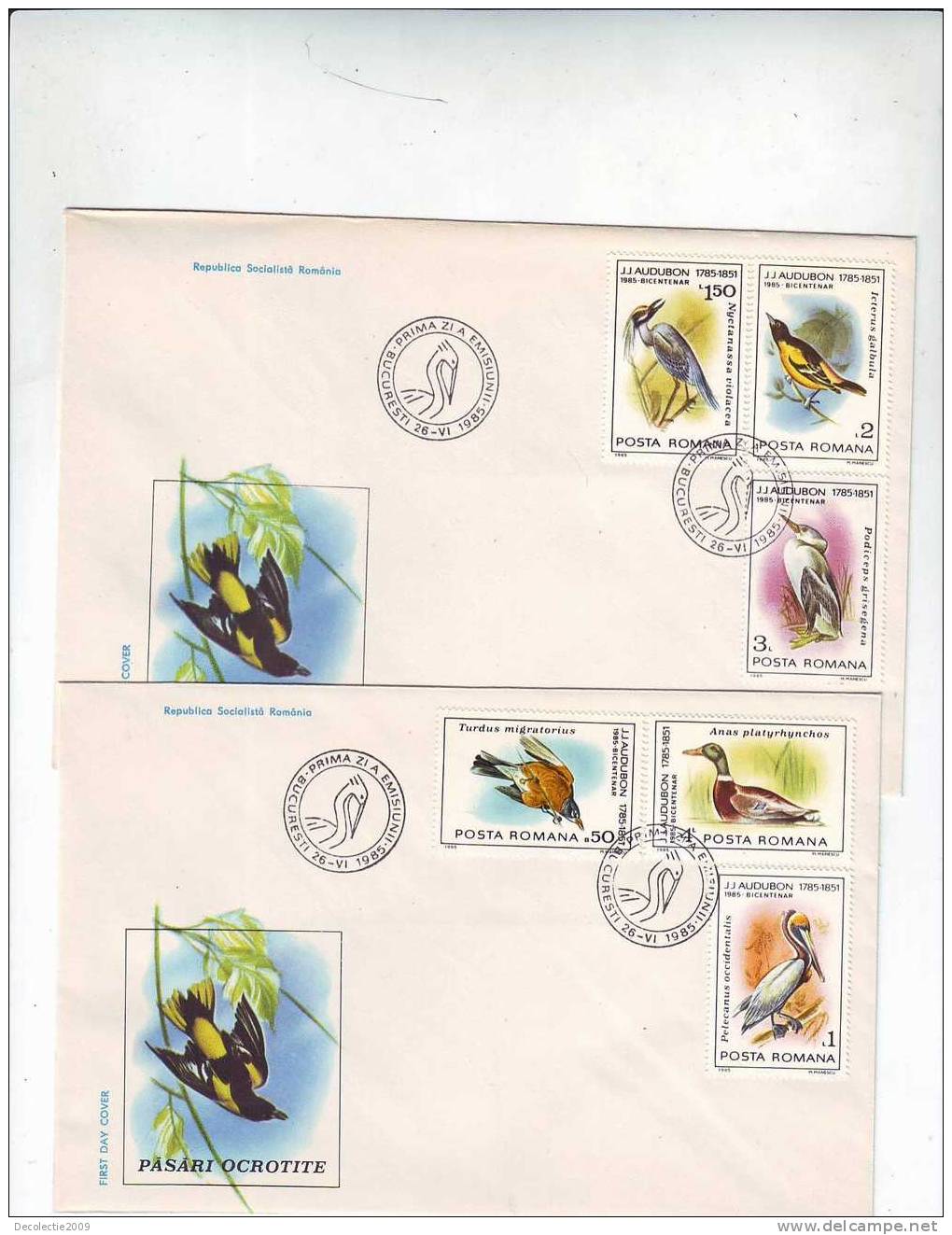 M537 FDC Romania Birds Oiseaux Protected Birds 2 Covers SET With Postmark Cancel 1985 !! - Collections, Lots & Series