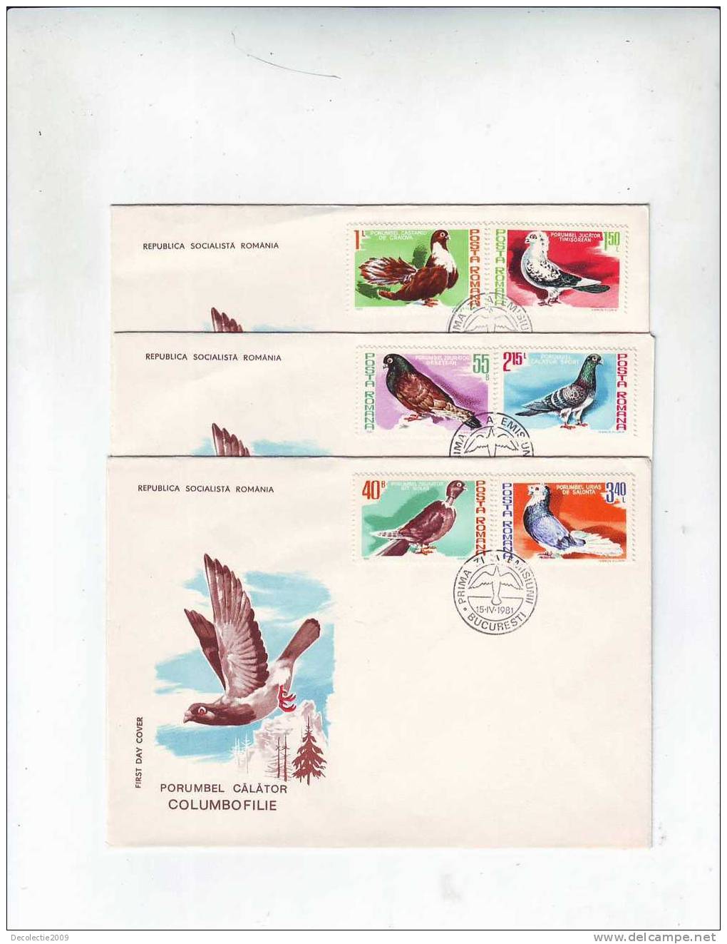 M551 FDC Romania Birds Oiseaux Columbofilie 3 Covers SET With Postmark Cancel 1981 !! - Tauben & Flughühner