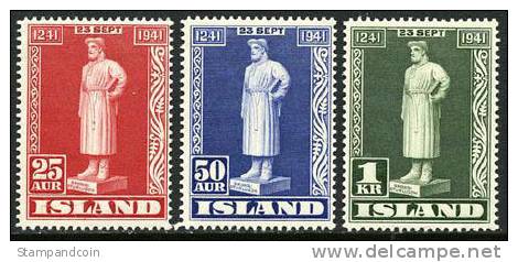 Iceland #237-39 Mint Never Hinged Snorri Sturluson Set From 1941 - Neufs