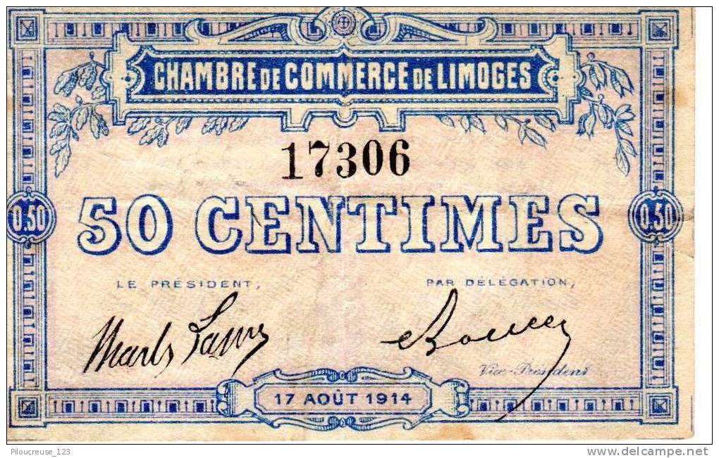 France - Billet Chambre De Commerce De Limoges De 50 C N°17306 Du 17/08/1914 - Chambre De Commerce