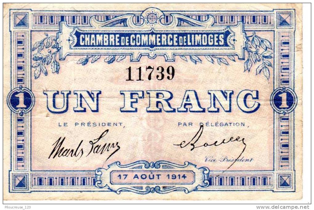 France - Billet Chambre De Commerce De Limoges De 1 F N°11739 Du 17/08/1914 - Chambre De Commerce