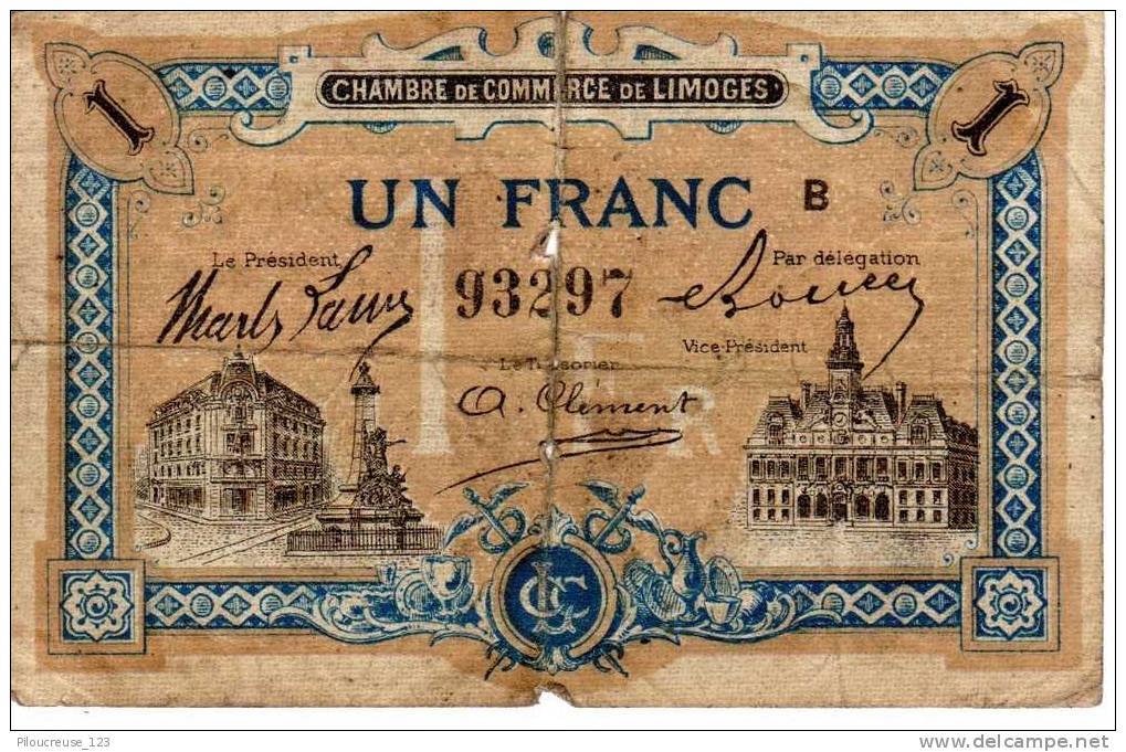 France - Billet Chambre De Commerce De Limoges De 1 F  "B" N°97297remboursable Avant Le 01/10/1919 - Chambre De Commerce