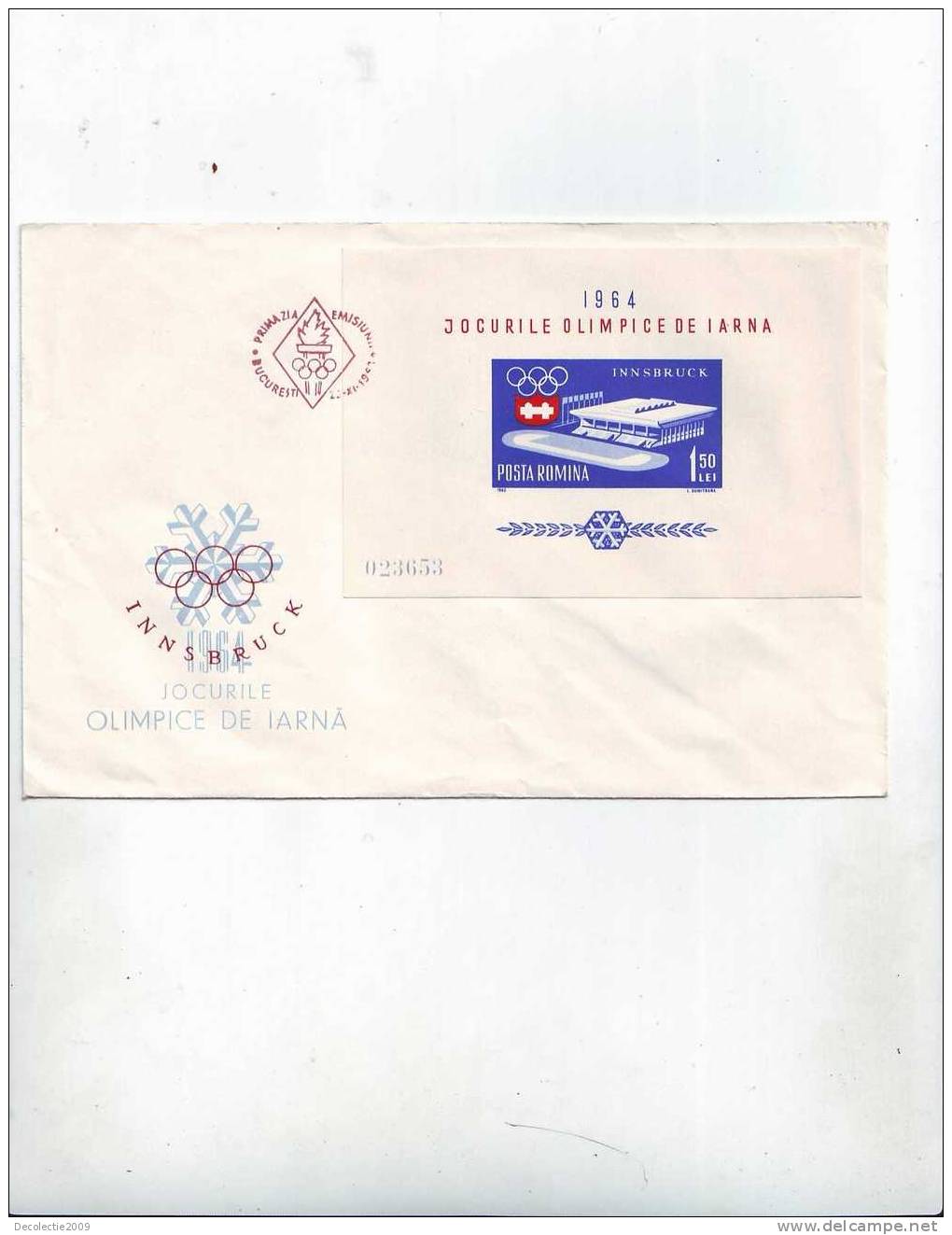 M558 FDC Romania Jeux Olympics Hiver Innsbruck Cover  With Postmark Cancel 1964 !! - Hiver 1964: Innsbruck