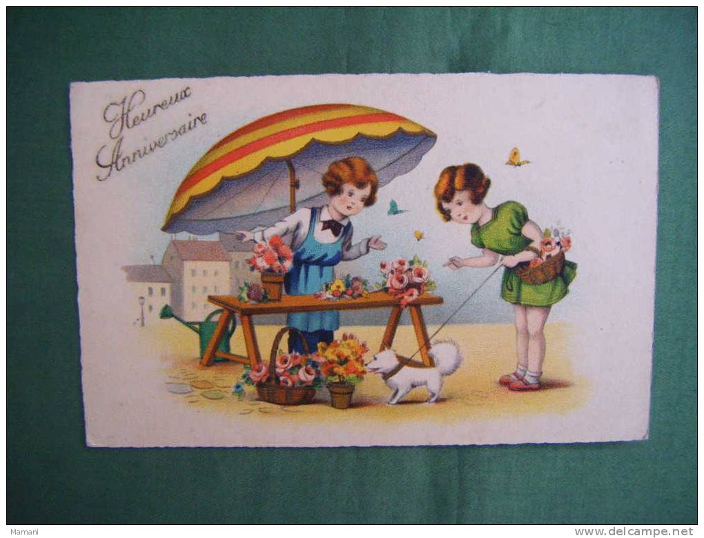 Cpa Enfants Jouant A La Marchande De Fleurs Sous Parasol + Chien Md 1331 - Anniversaire