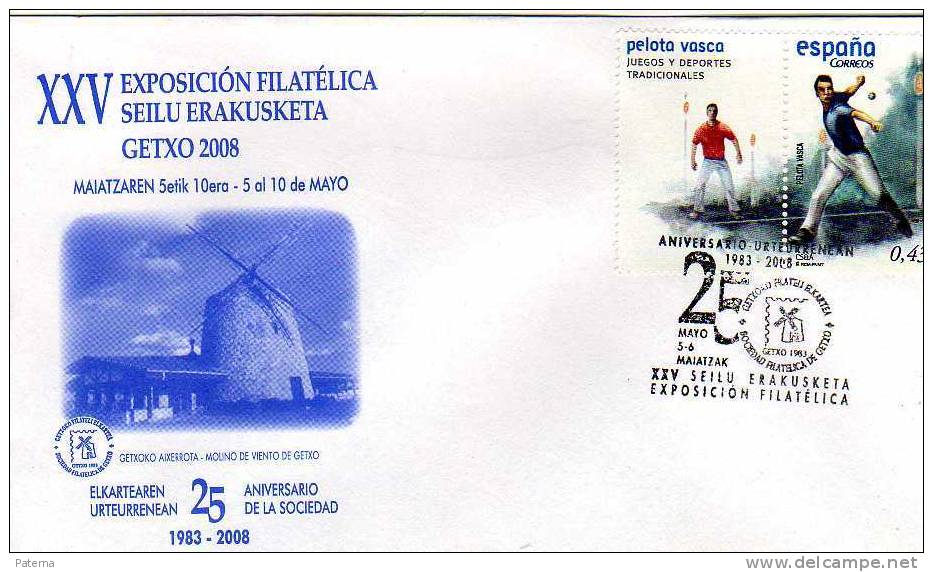 Sobre, Expos. GETXO 2008, Pelota Vasca, Molinos De Viento, Dutch - Storia Postale