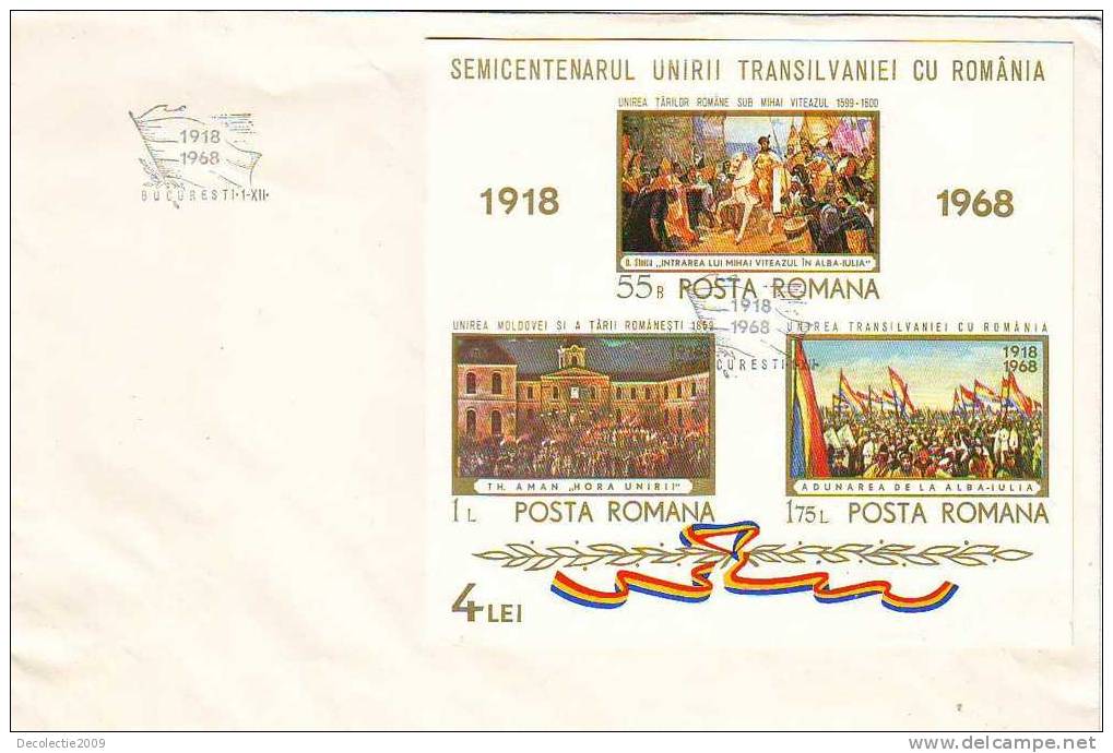 M592 FDC Romania 50 Years From Great Union 1968 Cover With Postmark Cancel VERY RARE !! - FDC