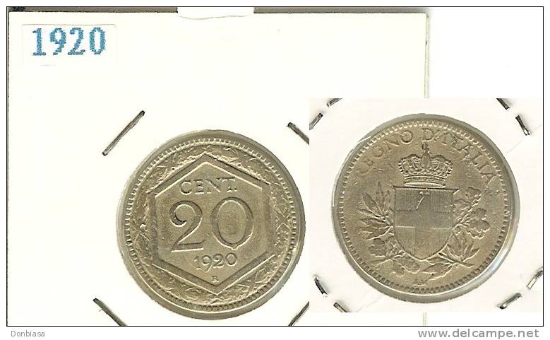 Vittorio Emanuele III, 20 Cent. 1920 (Esagono - Liscio) RARA - BB - 1900-1946 : Victor Emmanuel III & Umberto II