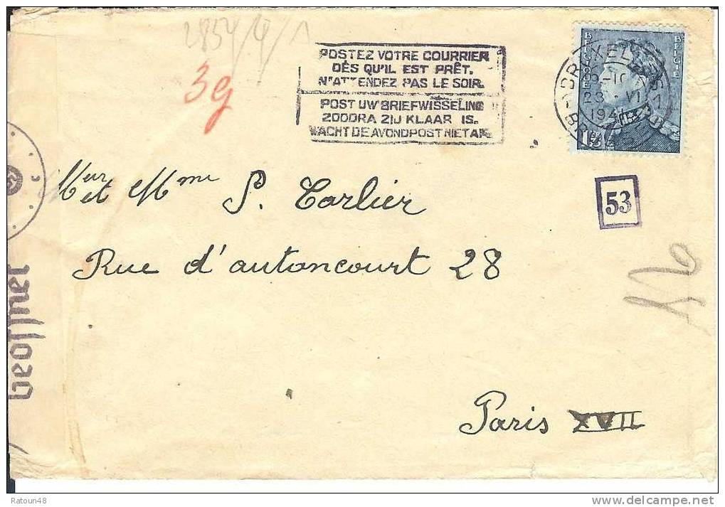 Lettre Censure Allemande  Venant De Belgique 1941 - WW II (Covers & Documents)