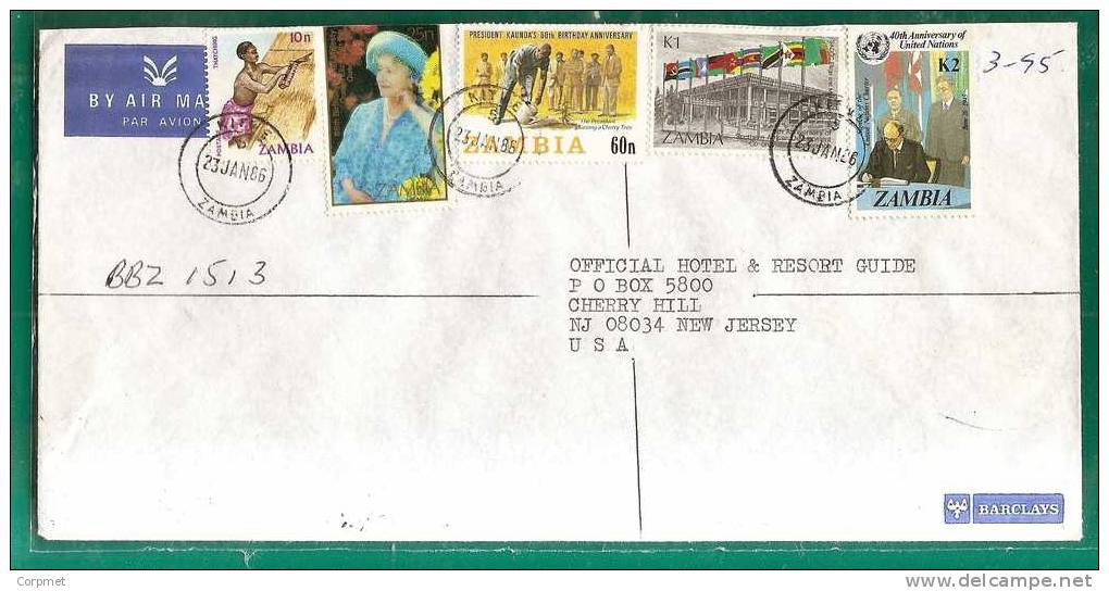 ZAMBIA  - VF 1986 Topical FLAGS - FLORA - ONU REGISTERED COVER KITWE To NEW JERSEY - Zambia (1965-...)