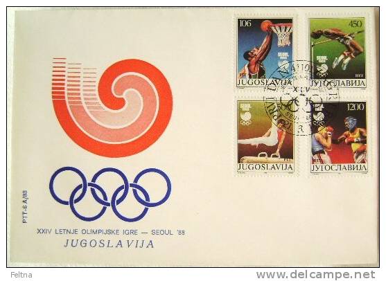 1988 YUGOSLAVIA FDC 1 FOR OLYMPIC GAMES IN SEOUL KOREA BASKETBALL GYMNASTICS ATHLETICS HIGH JUMP BOXING - Estate 1988: Seul