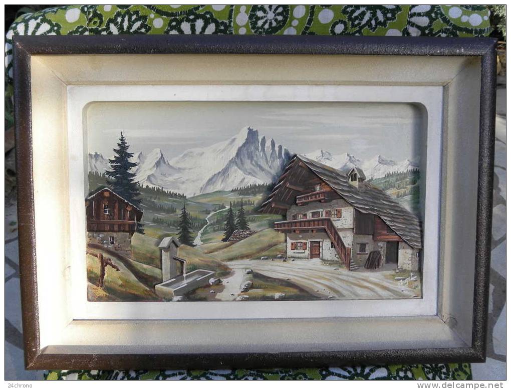Tableau De F. Raugel, Bois Sculpte Et Peint Representant Paysage De Montagne Et Chalet, Art Populaire De Savoie, Kitsch - Popular Art