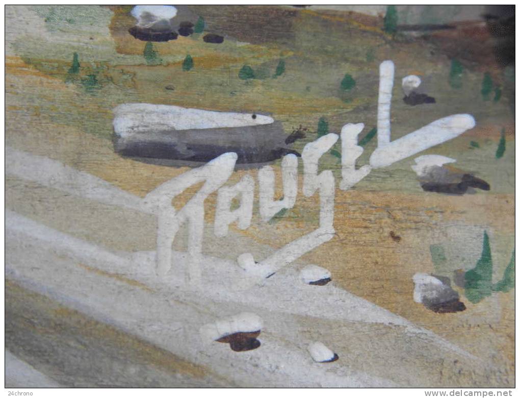 Tableau De F. Raugel, Bois Sculpte Et Peint Representant Paysage De Montagne Et Chalet, Art Populaire De Savoie, Kitsch - Art Populaire