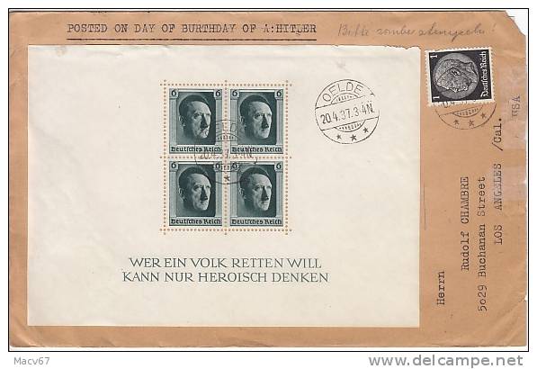 Germany To U.S.A. COVER With B102 S/S  Bloc 1937 - Covers & Documents