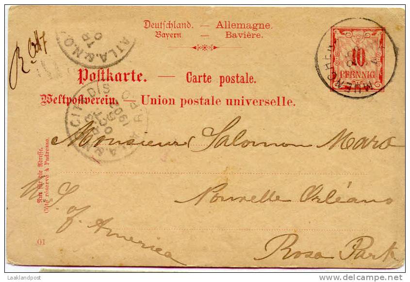 BAVARIA 1902 10pf POSTCARD, H & G 51, USED MUNICH TO NEW ORLEANS, WITH MUENCHEN CDS & ATLA. & N.O. CITY DIS R.P.O. TRANS - Postwaardestukken