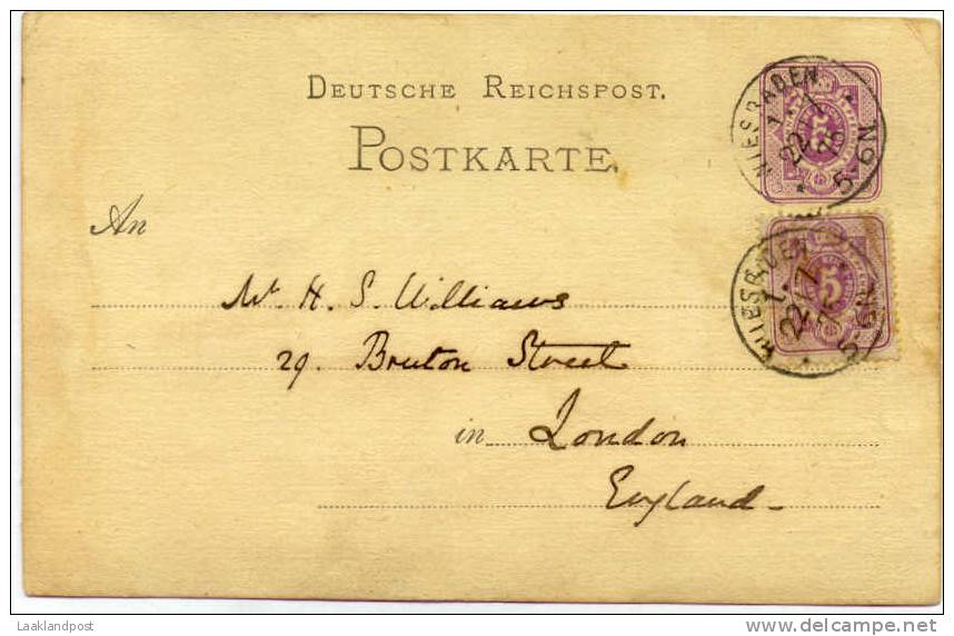 GERMANY 1875 5pf POSTCARD, H & G 5, UPRATED WITH 5pf (Mi.32) & USED WIESBADEN TO LONDON. - Andere & Zonder Classificatie