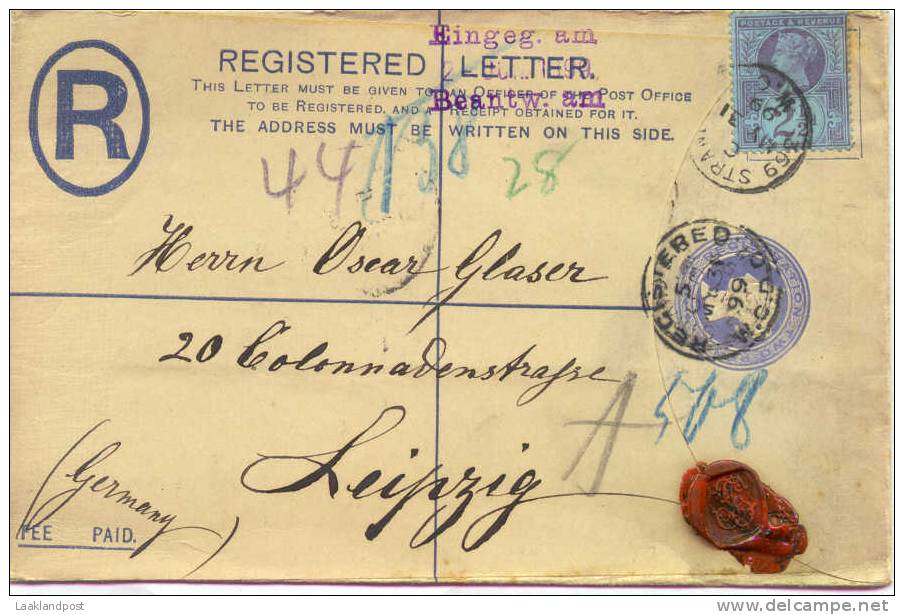 GB 1899 2d REGISTERED ENVELOPE, HUGGINS RP22 SIZE G, FRANKED WITH 2 1/2d & USED LONDON TO LEIPZIG. STRAND W.C. & REGISTE - Postwaardestukken