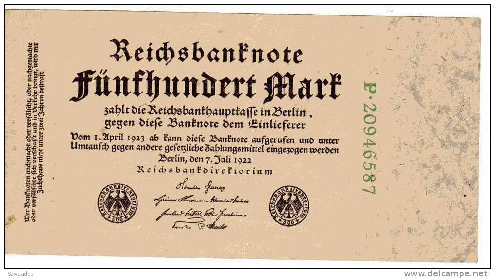 BILLET ALLEMAGNE - REPUBLIQUE DE WEIMAR - P.74c - 500 MARK - REICHSBANKNOTE - 07/07/1922 - 500 Mark