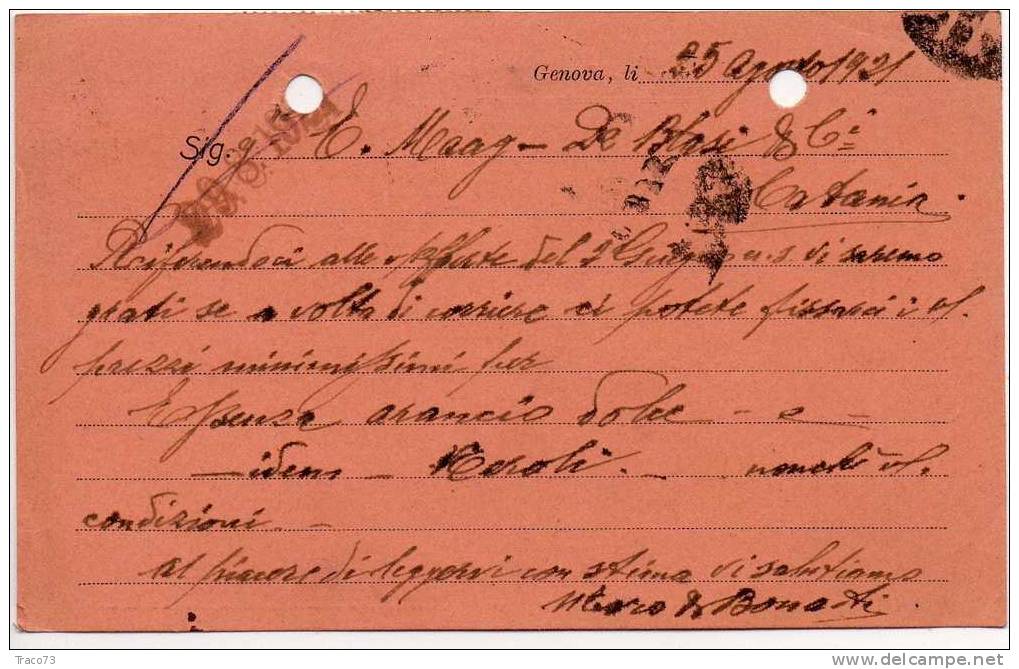 GENOVA  25.08.1921 - Card Cartolina - "Ditta  MORO & BONATI "  Firma -  Affr. Difett. - Publicidad