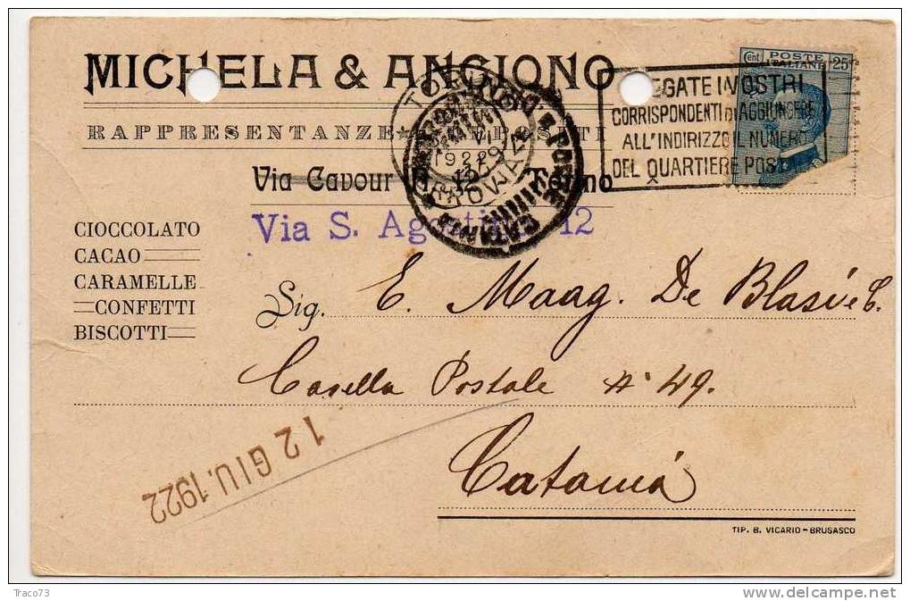 TORINO  04.06.1922 - Card Cartolina - "Ditta  MICHELA & ANGIONO "  Firma -  Affr. Difett. -CIOCCOLATO - CACAO - CARAMEL - Pubblicitari