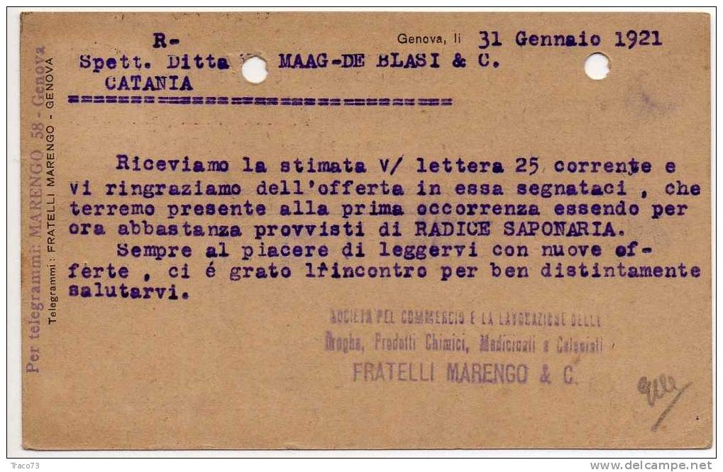 GENOVA  31.01.1921 - Card Cartolina - "Ditta  F.lli MARENGO & C. "  Timbro Lineare - Publicité