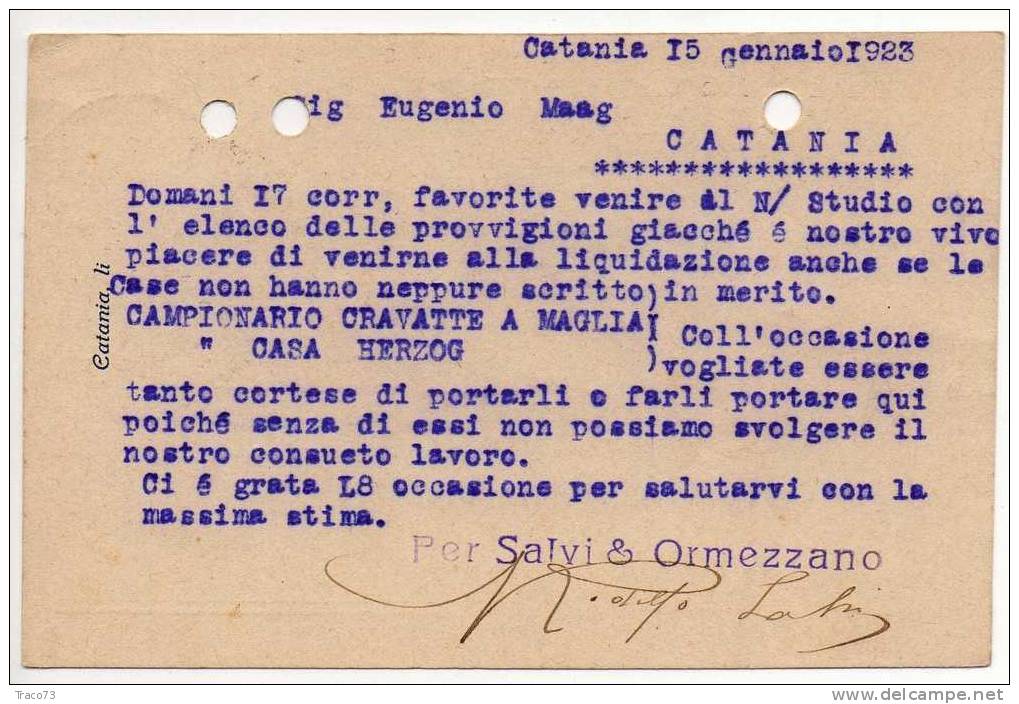 CATANIA  15.01.1921 - Card Cartolina - "Ditta  SALVI & ORMEZZANO "  Firma - Reclame