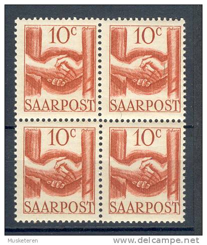 Saar 1948 Mi. 239  10 C Wiederaufbau Des Saarlandes Händedruck 4-Block MNH** - Neufs