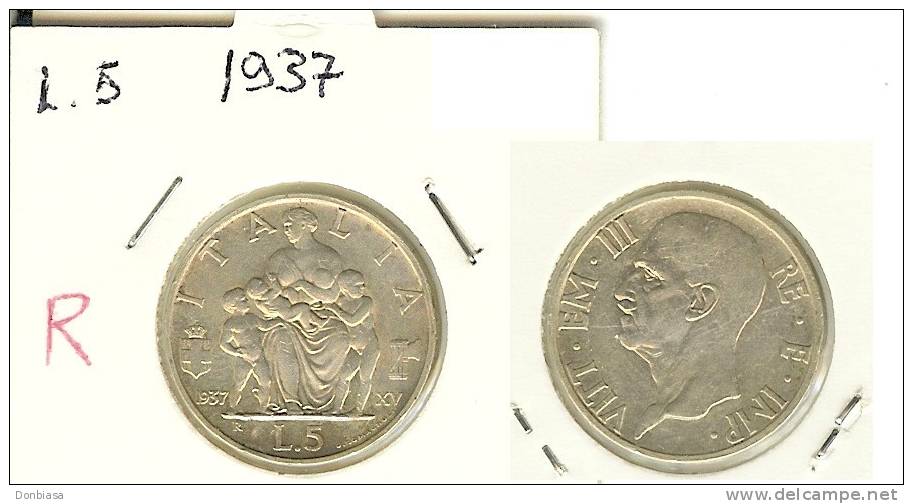 Vittorio Emanuele III: 5 Lire 1937 XV Fecondità (ARGENTO) - BB/SPL - RARA - 1900-1946 : Victor Emmanuel III & Umberto II