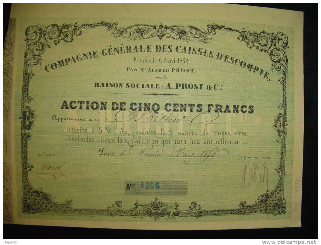 Action " Compagnie Generale Des Caisses D'escompte " Paris 1896 Très Bon état,reste Des Coupons - Bank & Versicherung