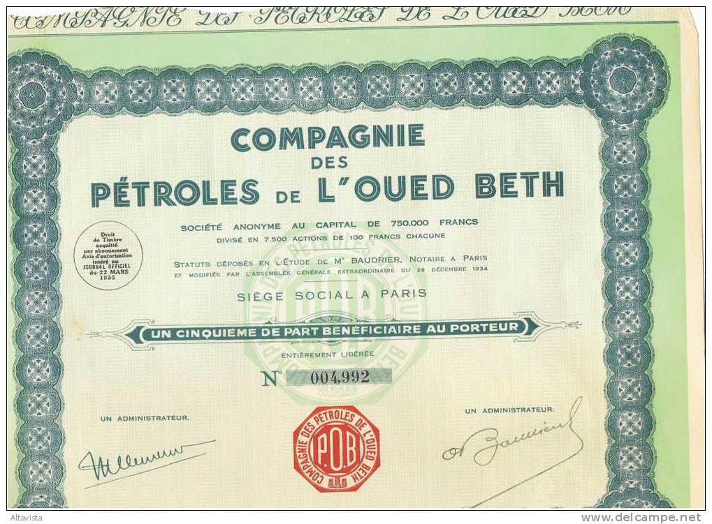 CIE DES PETROLES DE L'OUED BETH - Pétrole