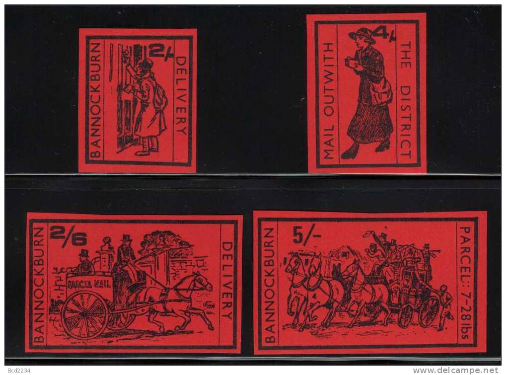 GB STRIKE MAIL (BANNOCKBURN DELIVERY) SET OF 4 COLOUR ESSAYS BLACK ON RED IMPERF NHM Carriages Horses Stagecoaches - Cinderelas
