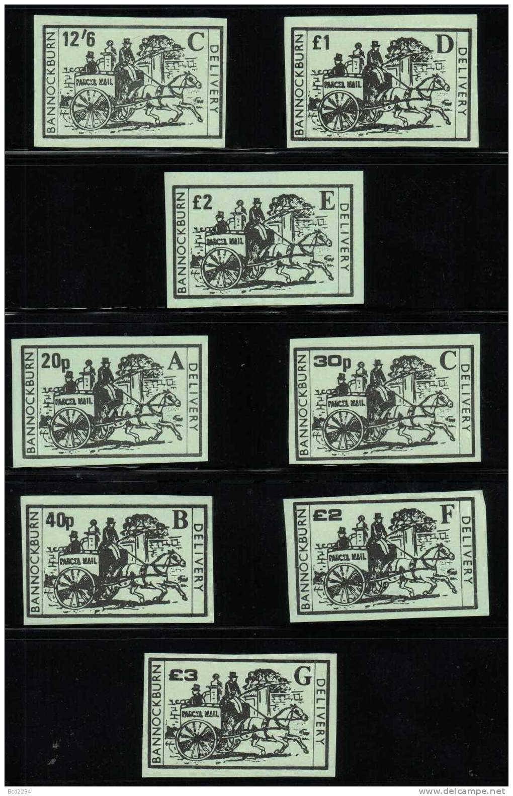GB STRIKE MAIL (BANNOCKBURN DELIVERY) SET OF 22 COLOUR ESSAYS GREEN IMPERF NHM Carriages Horses Stagecoaches - Local Issues