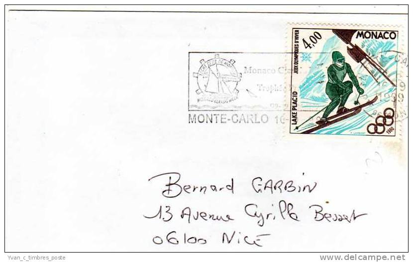 MONACO LETTRE AFFRANCHISSEMENT JEUX OLYMPIQUES LAKE PLACID 1980 SKI - Storia Postale