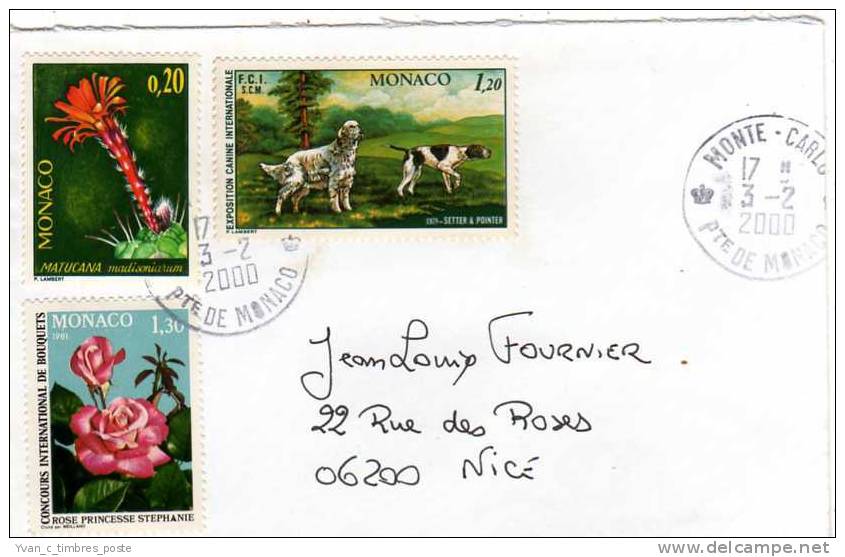 MONACO LETTRE AFFRANCHISSEMENT CHIEN SETTER ET POINTER / FLEURS / ROSE - Poststempel