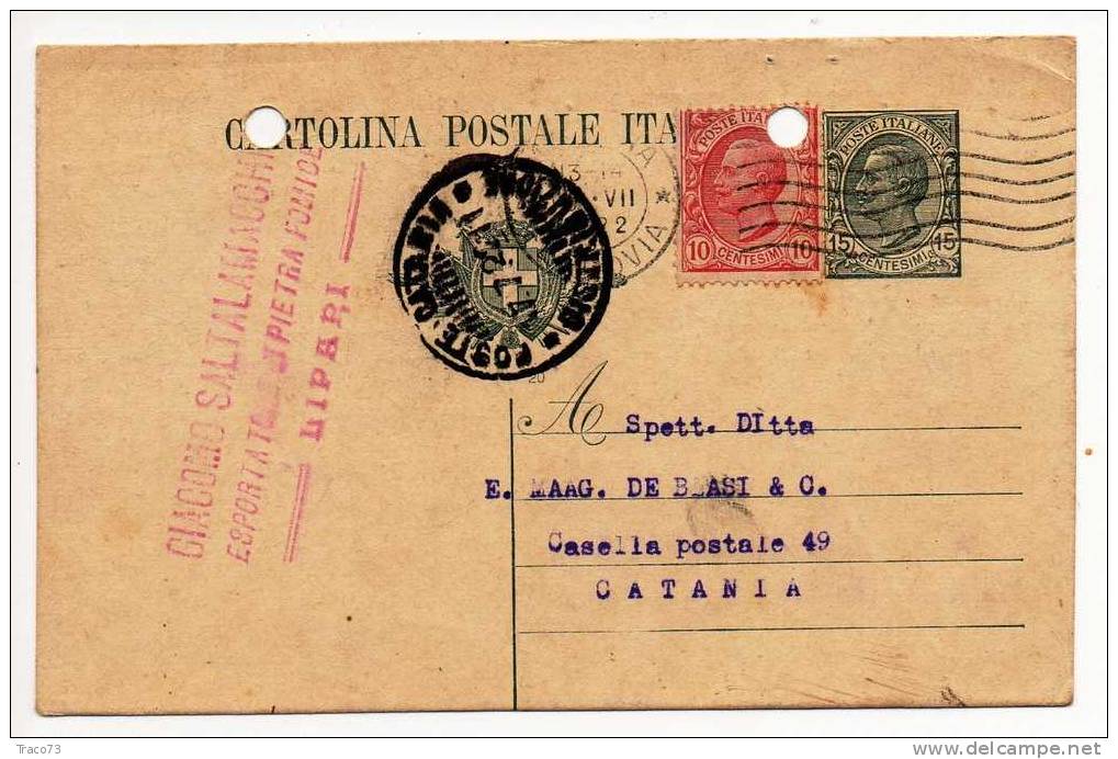 ISOLA DI LIPARI  15.07.1922 - Card Cartolina - "Ditta  GIACOMO SALTALAMACCHI  Esprtazione Pietra Pomice"  Firma  RR - Publicité