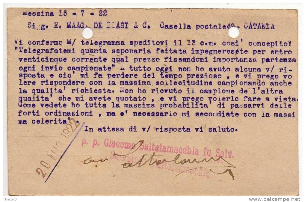 ISOLA DI LIPARI  15.07.1922 - Card Cartolina - "Ditta  GIACOMO SALTALAMACCHI  Esprtazione Pietra Pomice"  Firma  RR - Pubblicitari