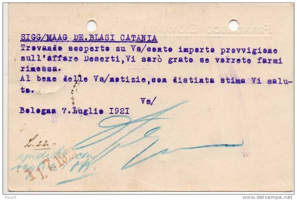 BOLOGNA  07.07.1921 - Card Cartolina - " Ditta  FRANCESCO GIOVANNI "  Firma  RR - Pubblicitari