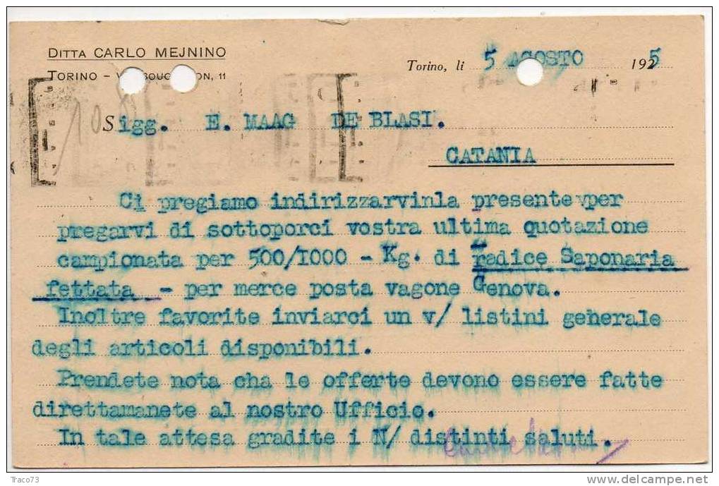 TORINO  05.08.1925 - Card Cartolina - " Ditta  CARLO MEJNINO "  Firma  RR - Reclame