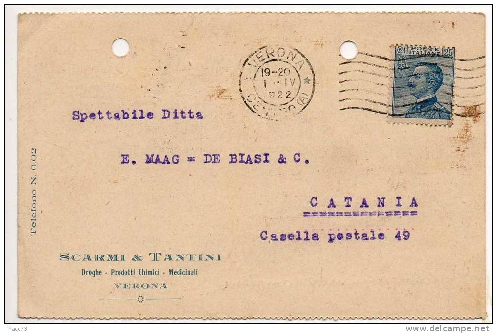 VERONA  01.04.1922 - Card Cartolina - " Ditta  SCARMI & TANTINI "  Firma  RR - Pubblicitari